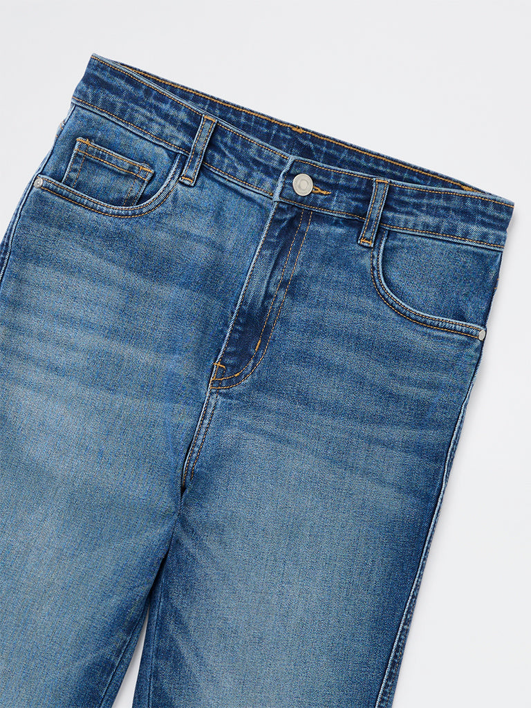 Y&F Kids Girls Blue High-Rise Cotton-Blend Flared Jeans