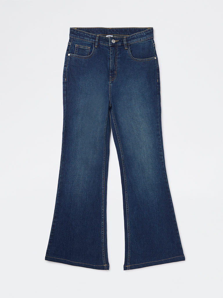 Y&F Kids Girls Dark Blue Faded Relaxed-Fit High-Rise Jeans