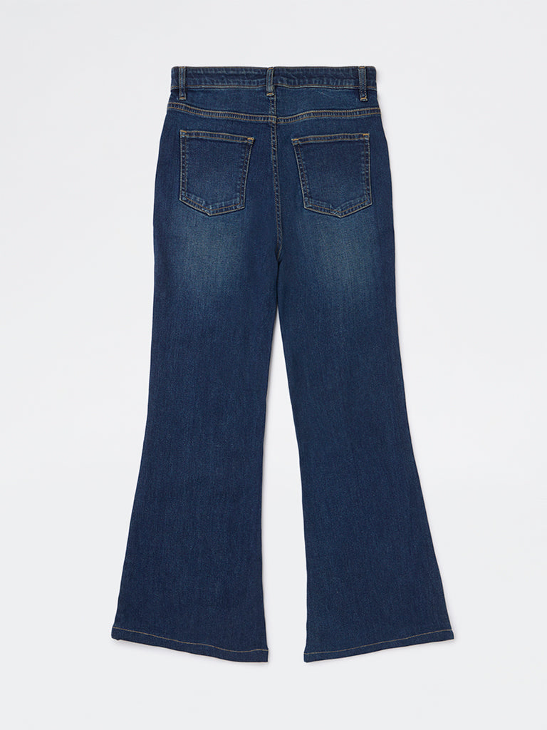 Y&F Kids Girls Dark Blue Faded Relaxed-Fit High-Rise Jeans