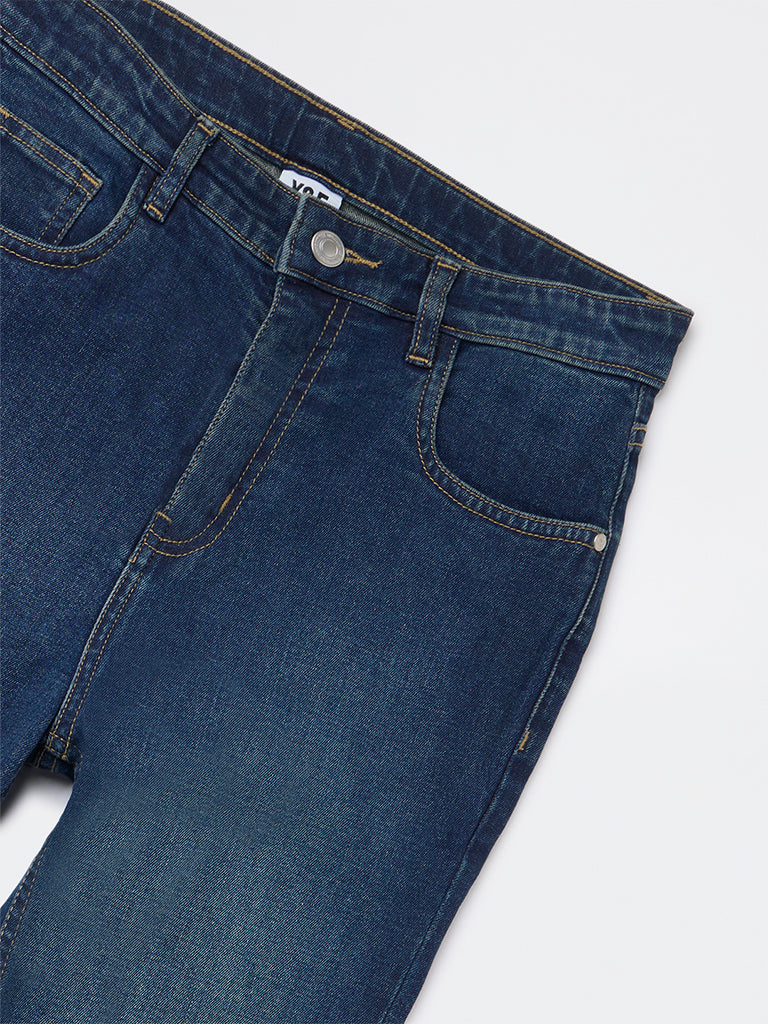 Y&F Kids Girls Dark Blue Faded Relaxed-Fit High-Rise Jeans