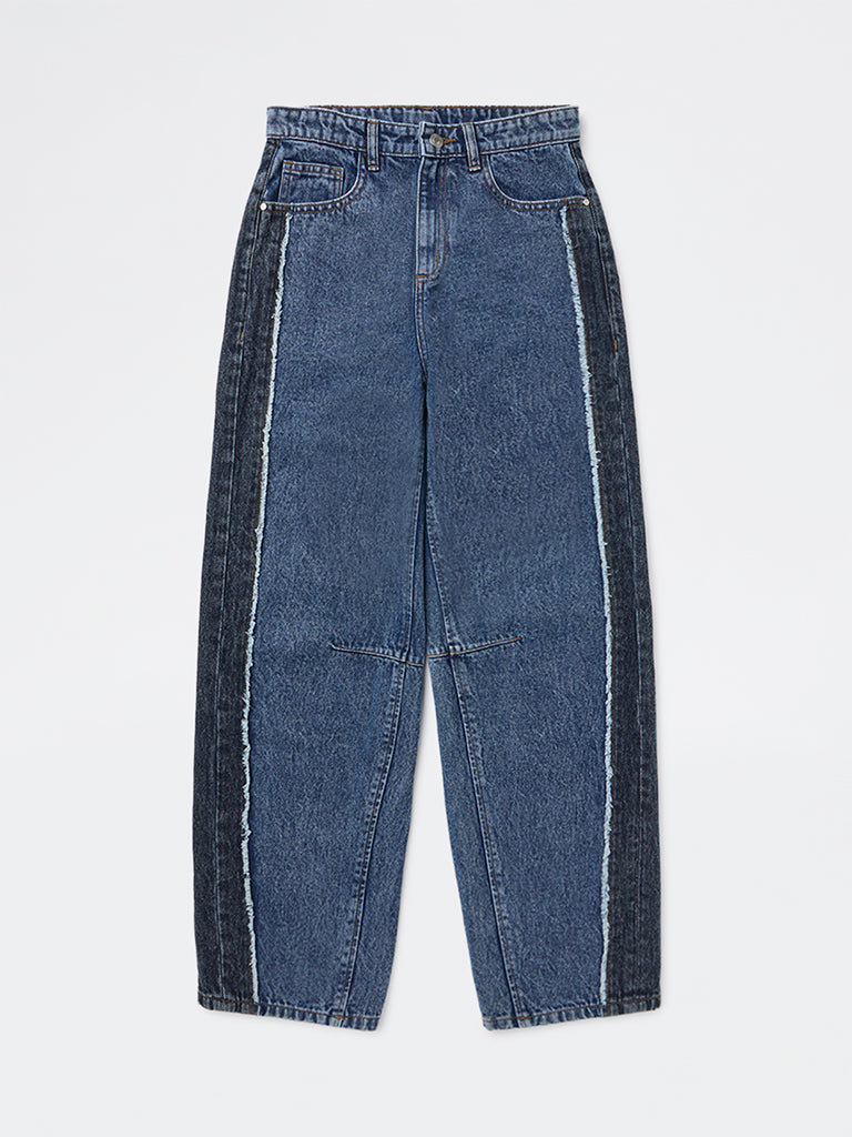 Y&F Kids Girls Dark Blue Faded Relaxed-Fit High-Rise Denim Jeans