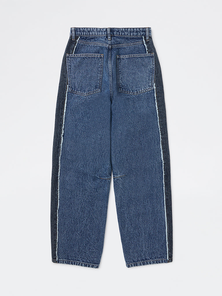 Y&F Kids Girls Dark Blue Faded Relaxed-Fit High-Rise Denim Jeans