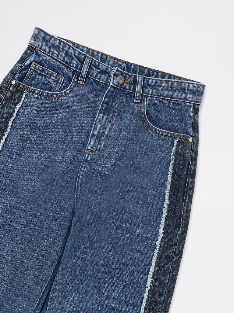Y&F Kids Girls Dark Blue Faded Relaxed-Fit High-Rise Denim Jeans