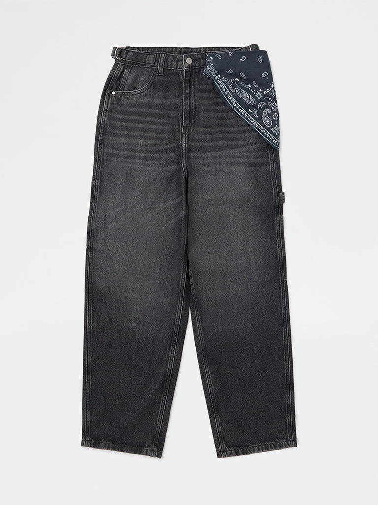 Y&F Kids Girls Charcoal Washed High-Rise Flared Jeans