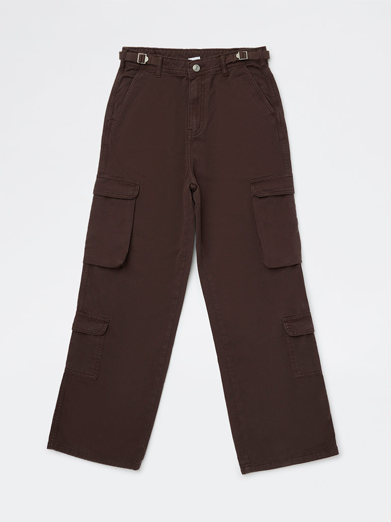Y&F Kids Girls Dark Brown Mid-Rise Cotton Cargo Trousers