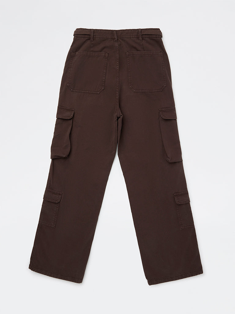 Y&F Kids Girls Dark Brown Mid-Rise Cotton Cargo Trousers