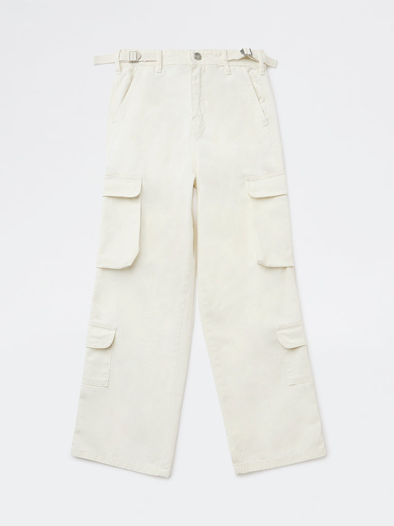 Y&F Kids Girls Off-White High-Rise Cotton Trousers