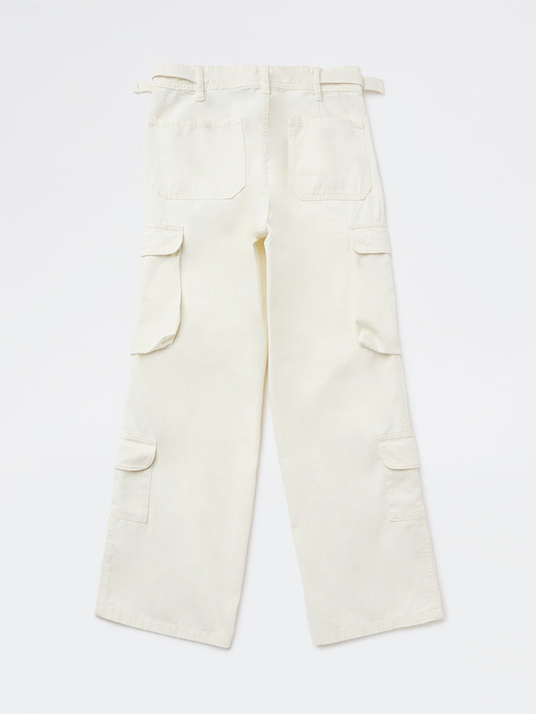 Y&F Kids Girls Off-White High-Rise Cotton Trousers