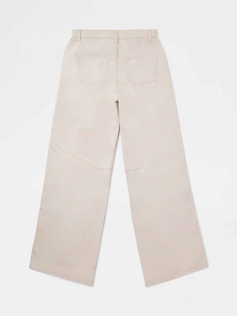 Y&F Kids Girls Beige Solid High-Rise Trousers