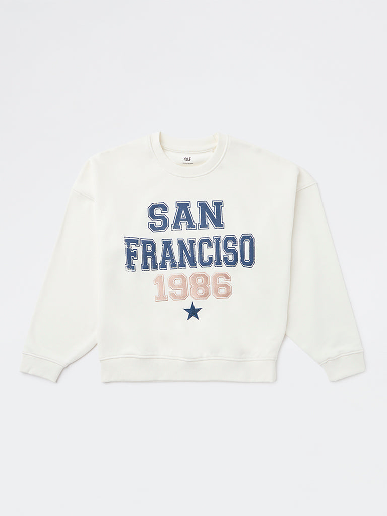 Y&F Kids Girls Off-White Text Printed Cotton-Blend Sweatshirt