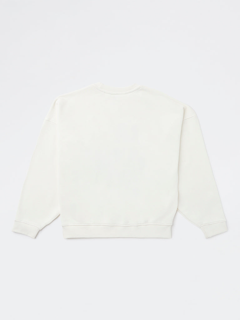 Y&F Kids Girls Off-White Text Printed Cotton-Blend Sweatshirt