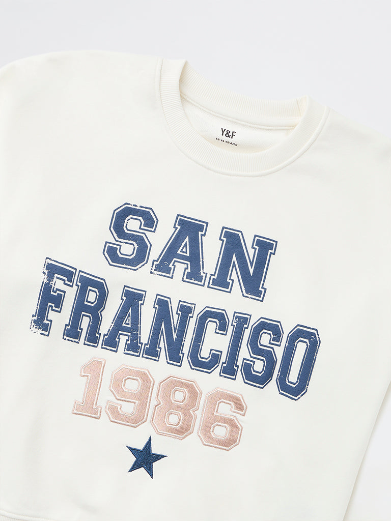 Y&F Kids Girls Off-White Text Printed Cotton-Blend Sweatshirt