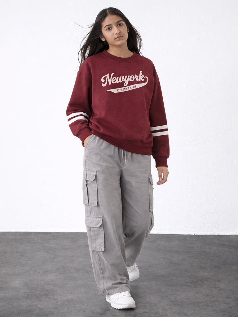 Y&F Kids Girls Burgundy Typographic Cotton-Blend Sweatshirt