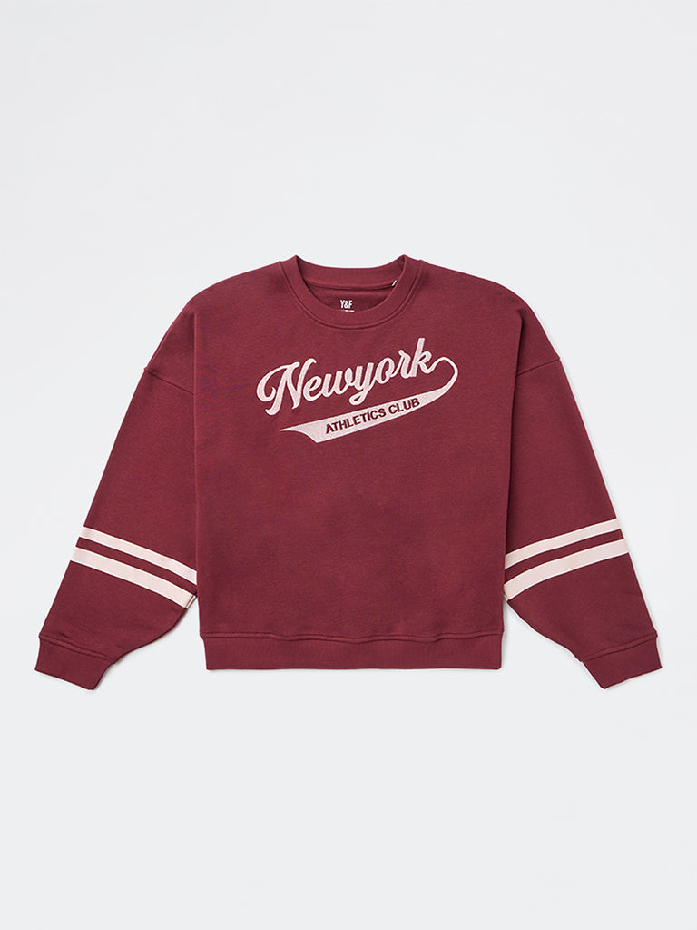 Y&F Kids Girls Burgundy Typographic Cotton-Blend Sweatshirt