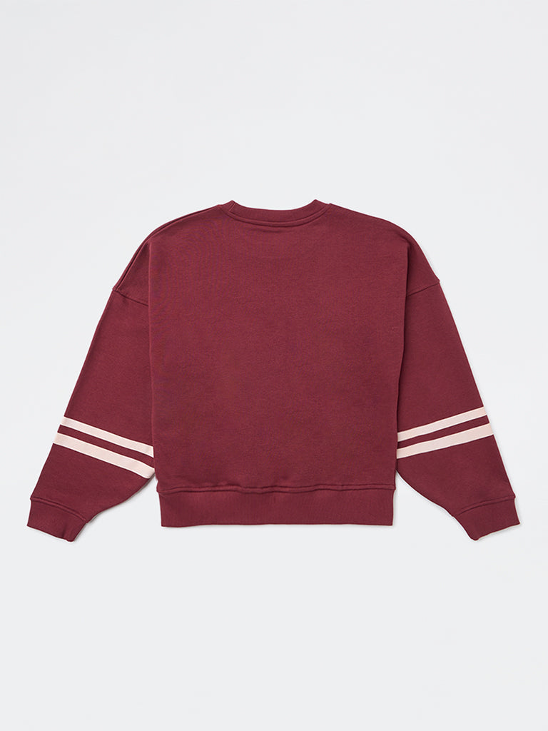 Y&F Kids Girls Burgundy Typographic Cotton-Blend Sweatshirt