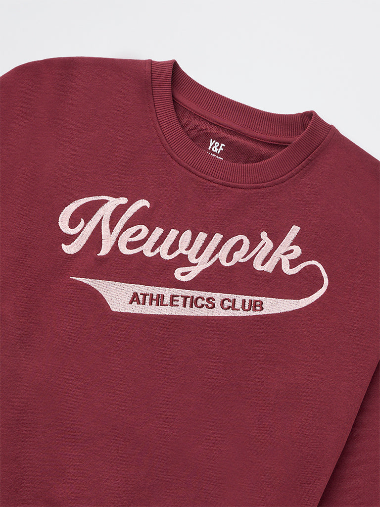 Y&F Kids Girls Burgundy Typographic Cotton-Blend Sweatshirt