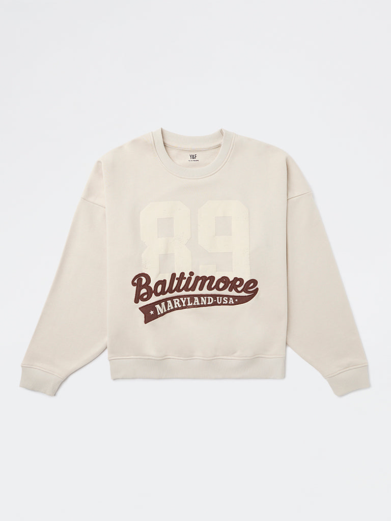 Y&F Kids Girls Beige Printed Cotton-Blend Sweatshirt