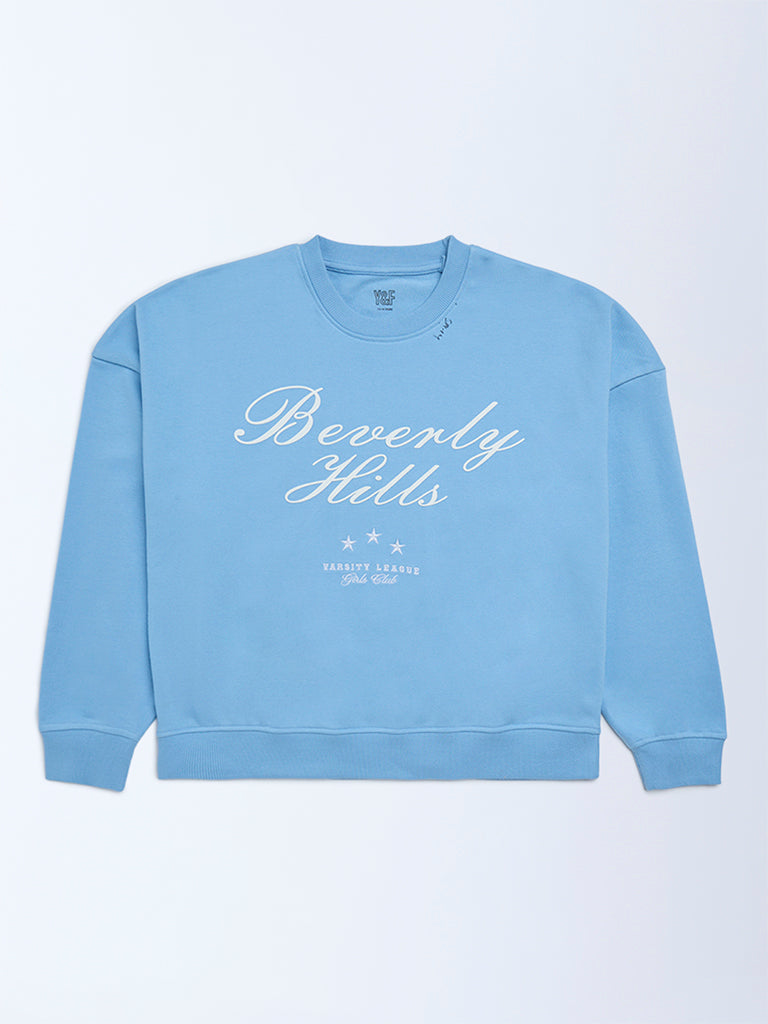 Y&F Kids Girls Blue Text Printed Cotton-Blend Sweatshirt
