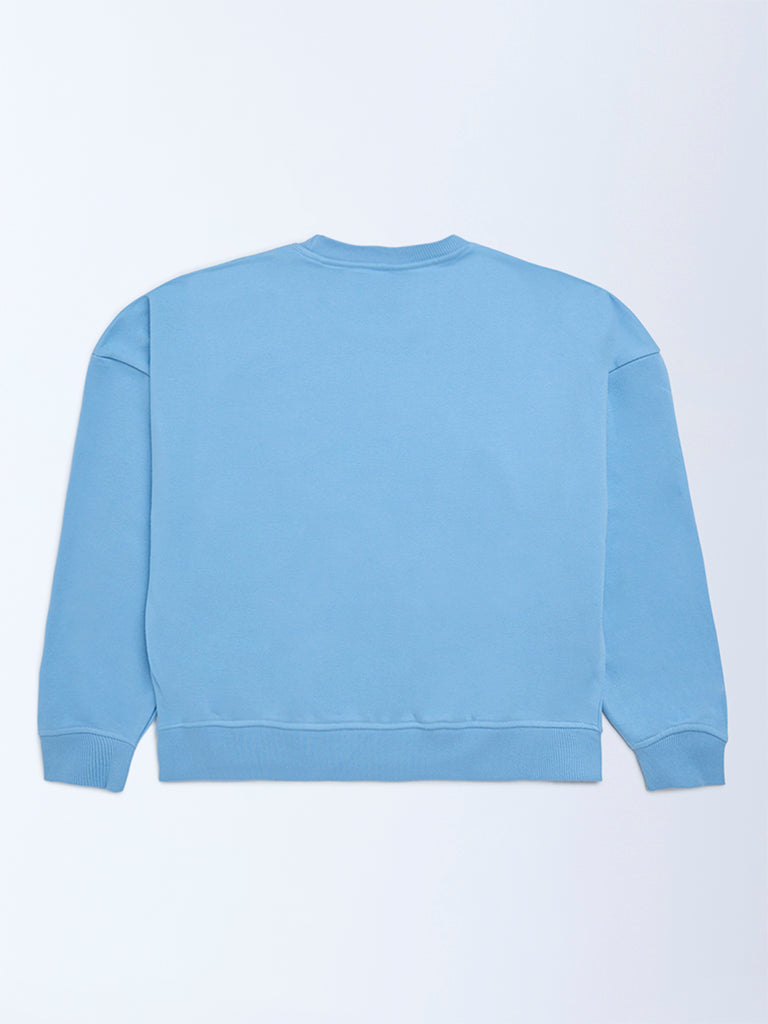 Y&F Kids Girls Blue Text Printed Cotton-Blend Sweatshirt