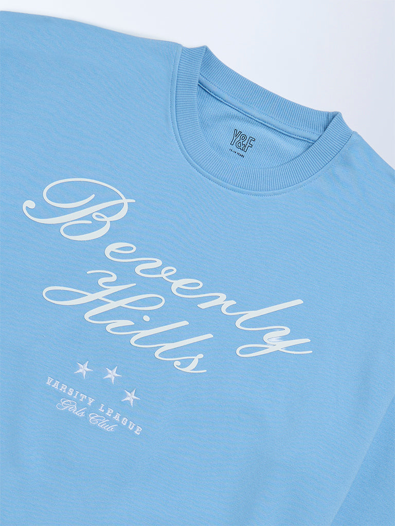 Y&F Kids Girls Blue Text Printed Cotton-Blend Sweatshirt