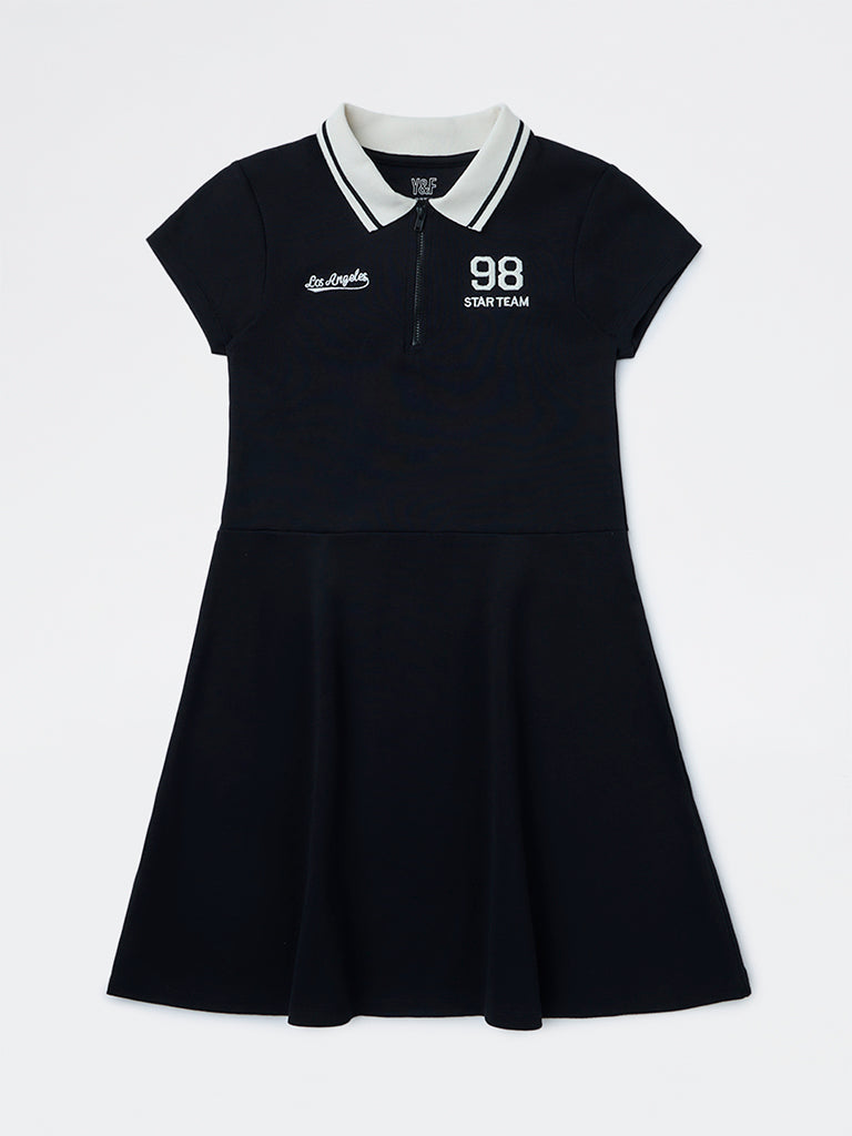 Y&F Kids Girls Black Text Embroidered Cotton-Blend Tennis Dress