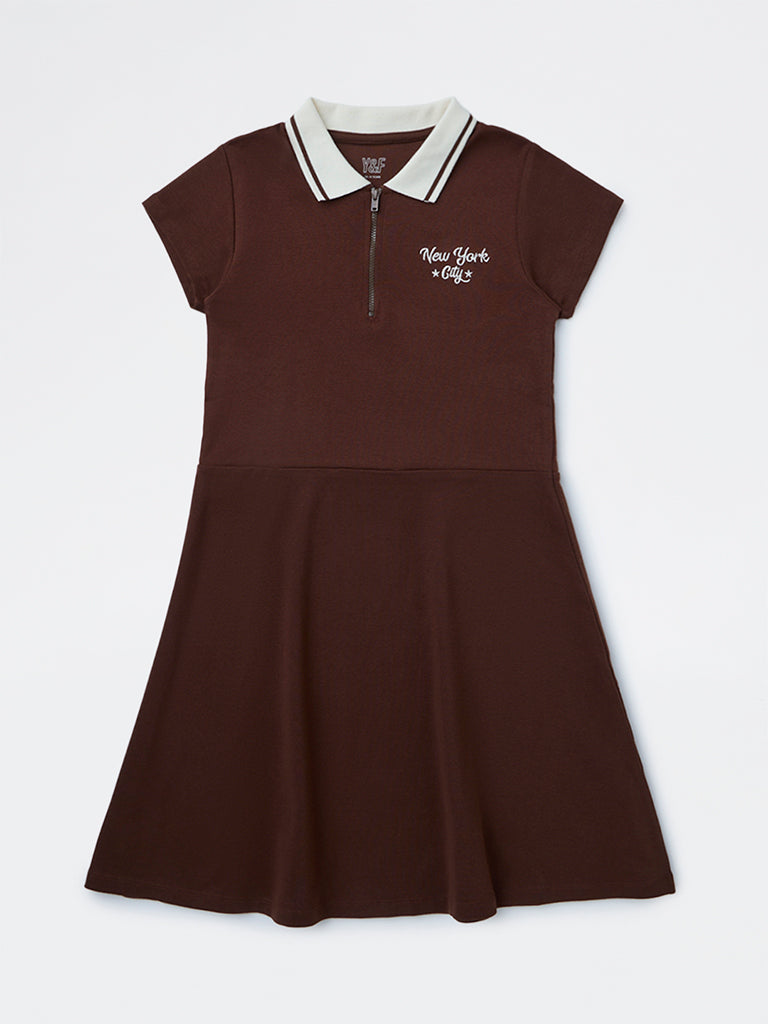 Y&F Kids Girls Brown Text Design Cotton-Blend Tennis Dress