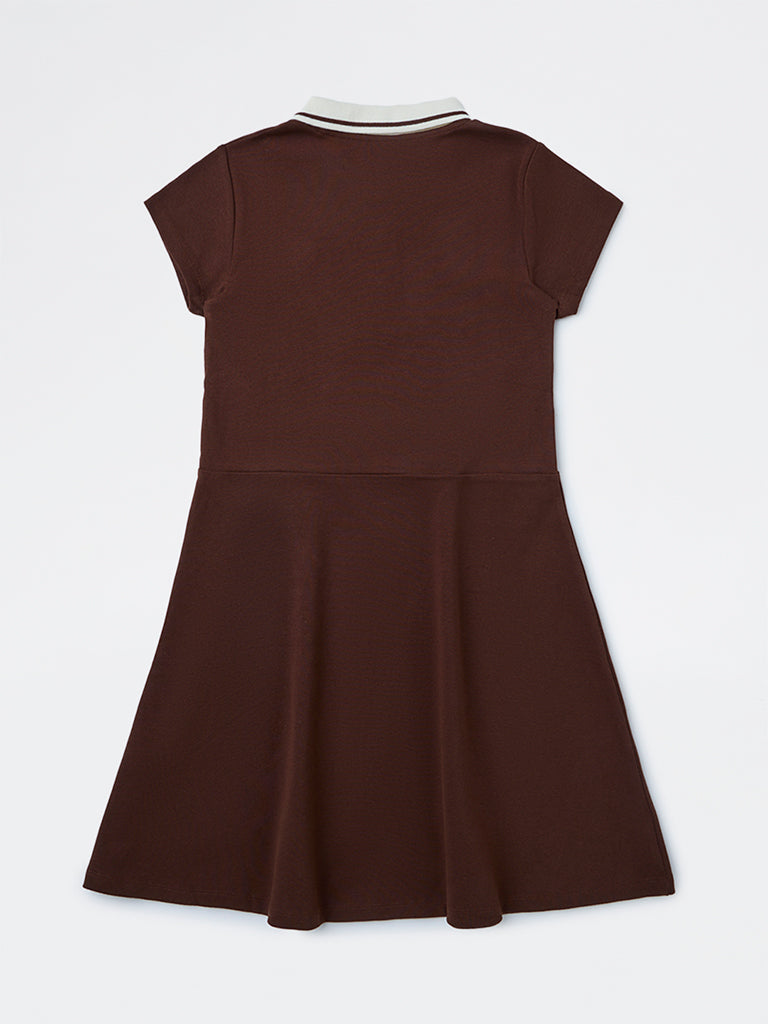 Y&F Kids Girls Brown Text Design Cotton-Blend Tennis Dress
