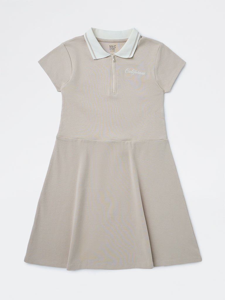 Y&F Kids Girls Beige Text Design Cotton-Blend Tennis Dress