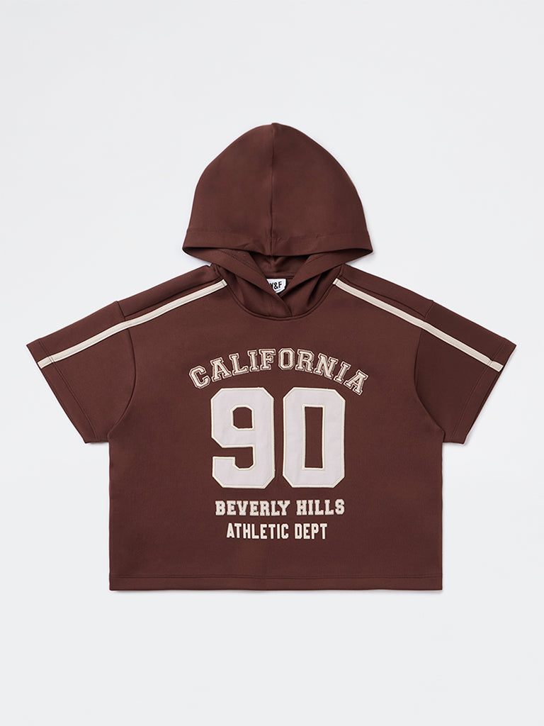 Y&F Kids Girls Brown Text Detailed Hoodie