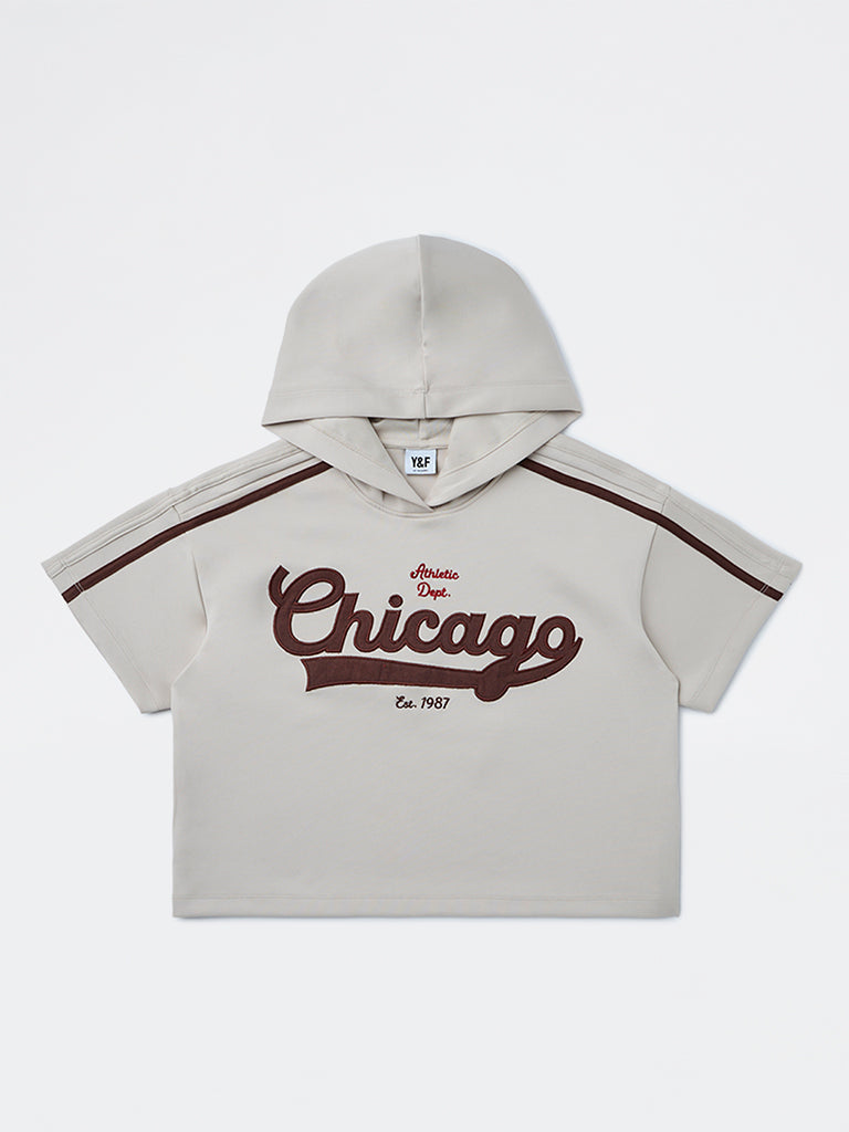 Y&F Kids Girls Beige Text-Printed Hoodie