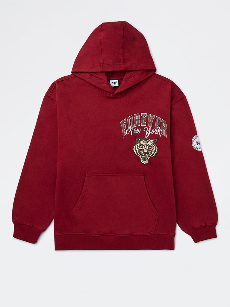 Y&F Kids Boys Red Graphic Printed Cotton Hooded Sweatshirt