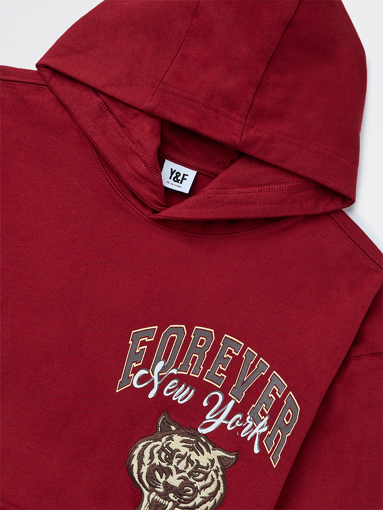 Y&F Kids Boys Red Graphic Printed Cotton Hooded Sweatshirt