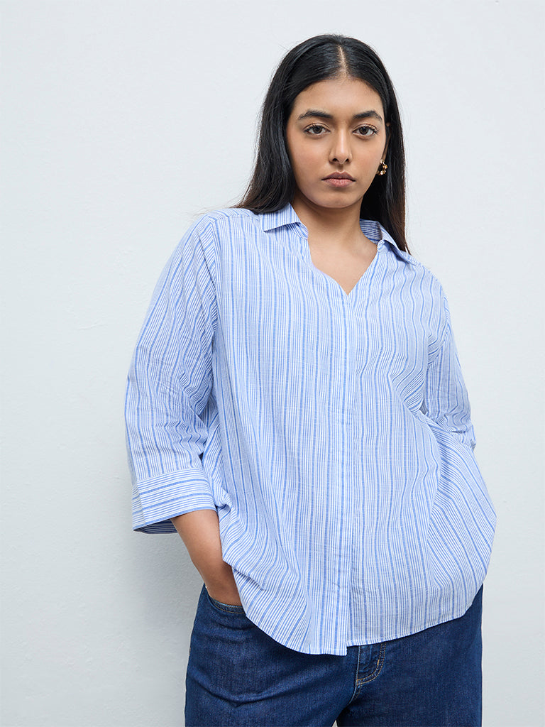 Gia Blue Striped Cotton-Blend Blouse