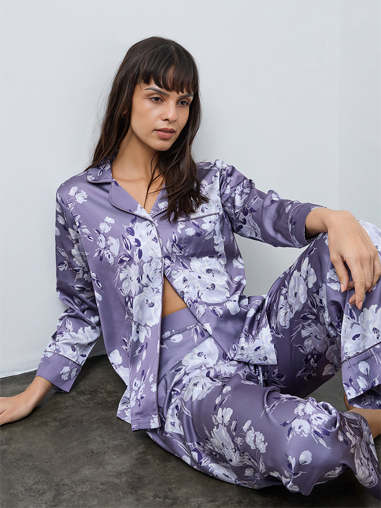 Wunderlove Lavender Floral Satin Shirt and Pyjama Set