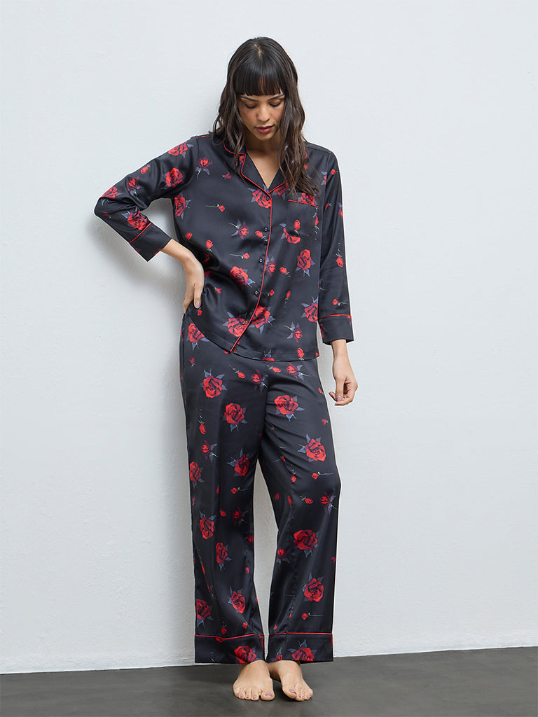 Wunderlove Black Floral Shirt and Pyjamas Set