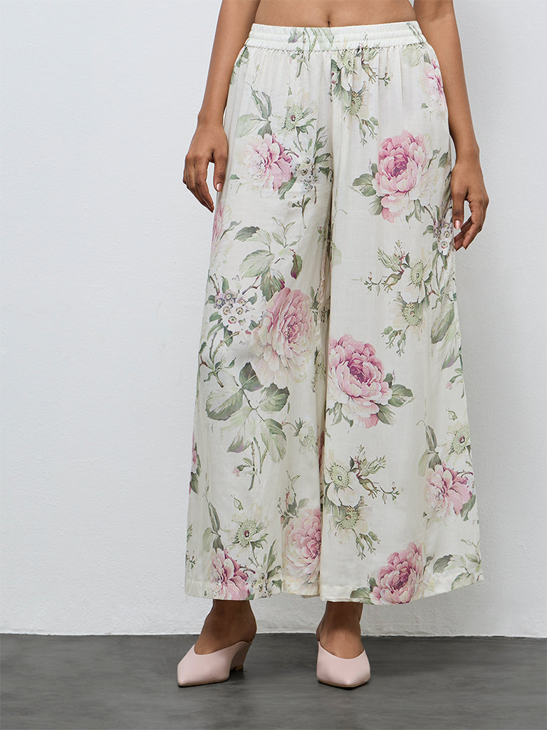 Zuba Off-White Floral Palazzos