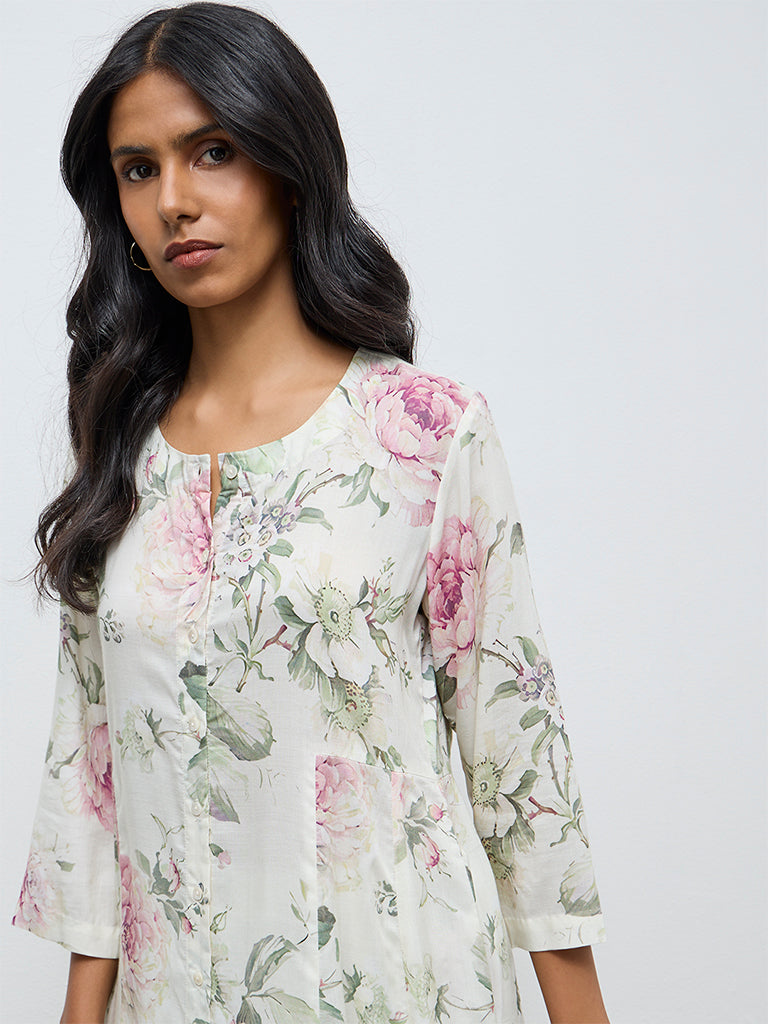 Zuba Off-White Floral A-Line Kurta