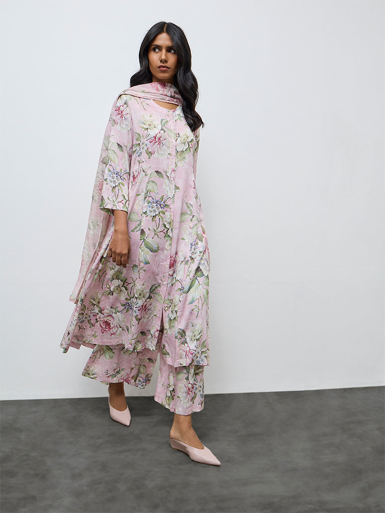 Zuba Pink Floral A-Line Kurta