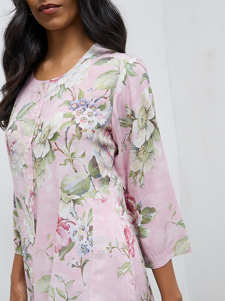 Zuba Pink Floral A-Line Kurta