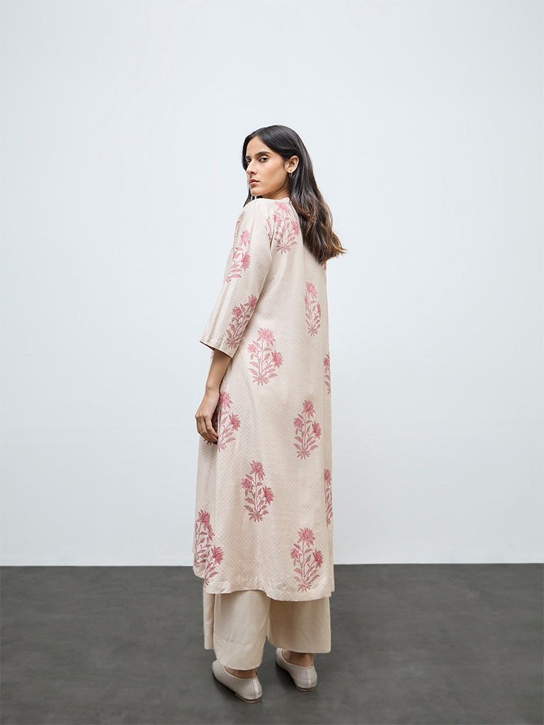 Zuba Beige Floral A-Line Kurta