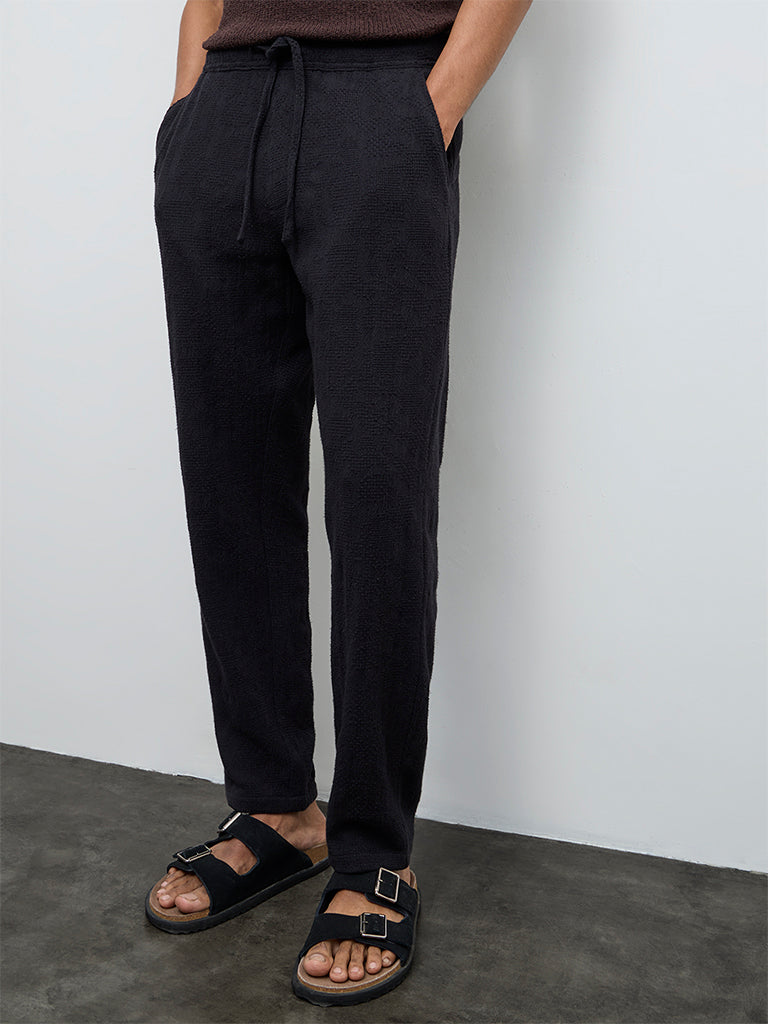 ETA Black Textured Relaxed-Fit Mid-Rise Cotton Chinos