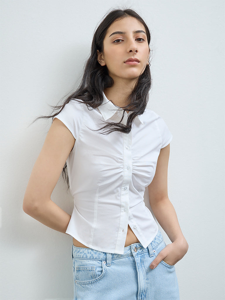Nuon White Ruched Cotton Shirt