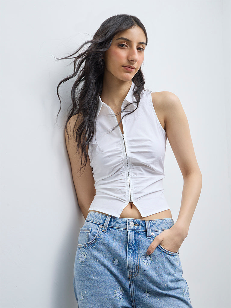 Nuon White Ruched Cotton-Blend Blouse