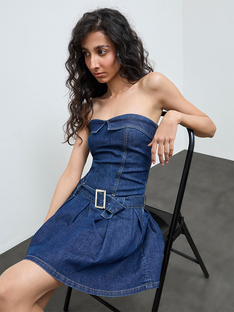 Nuon Dark Blue Box-Pleated Denim A-Line Dress with Belt