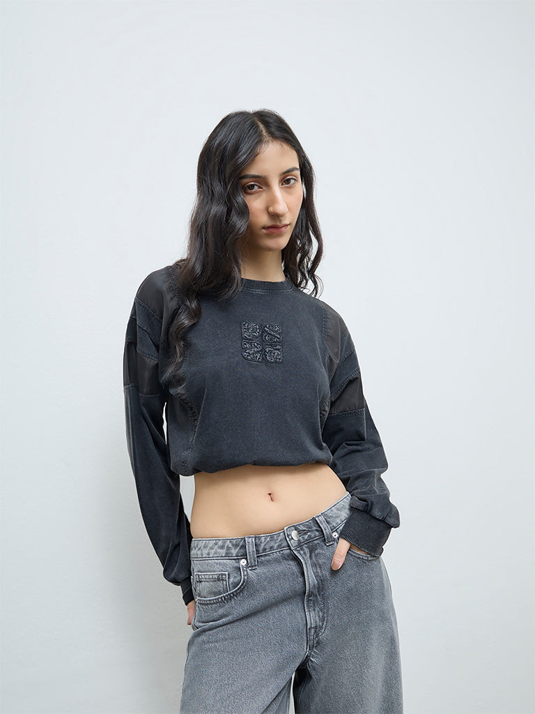 Nuon Black Denim-Inspired Cotton-Blend T-Shirt