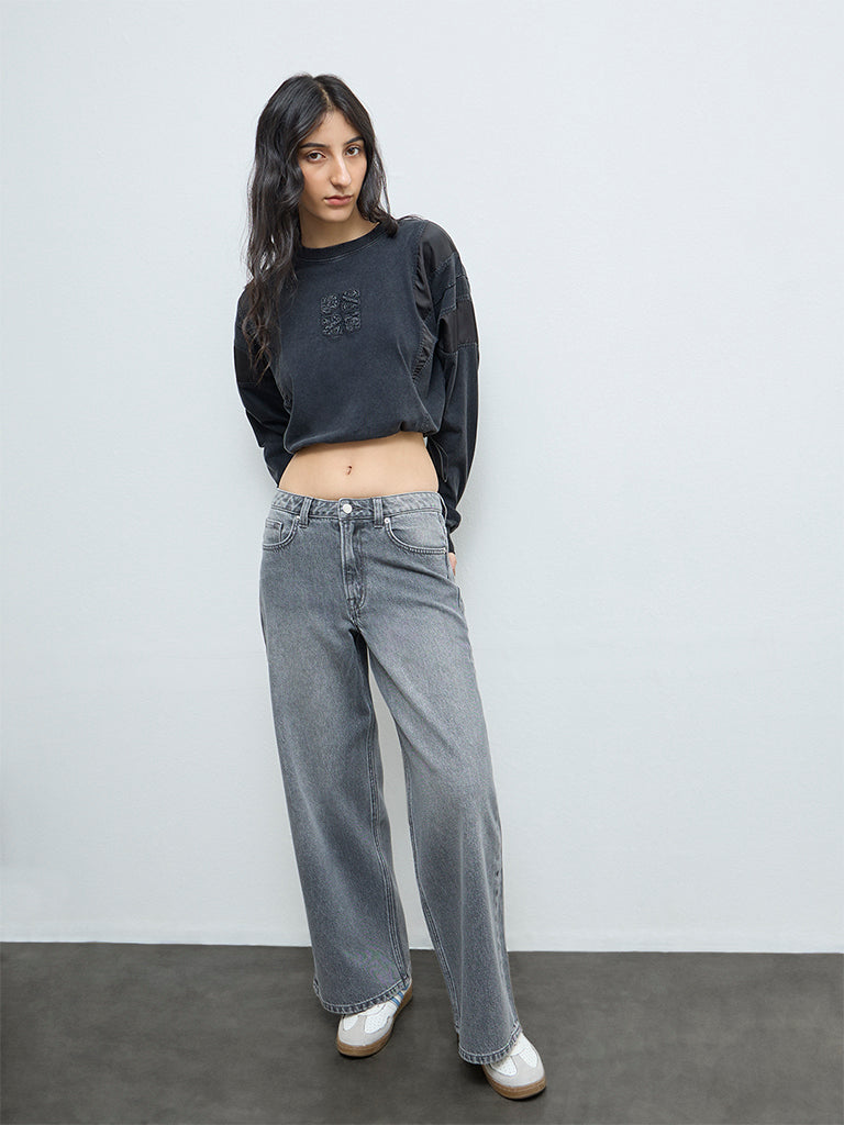 Nuon Black Denim-Inspired Cotton-Blend T-Shirt