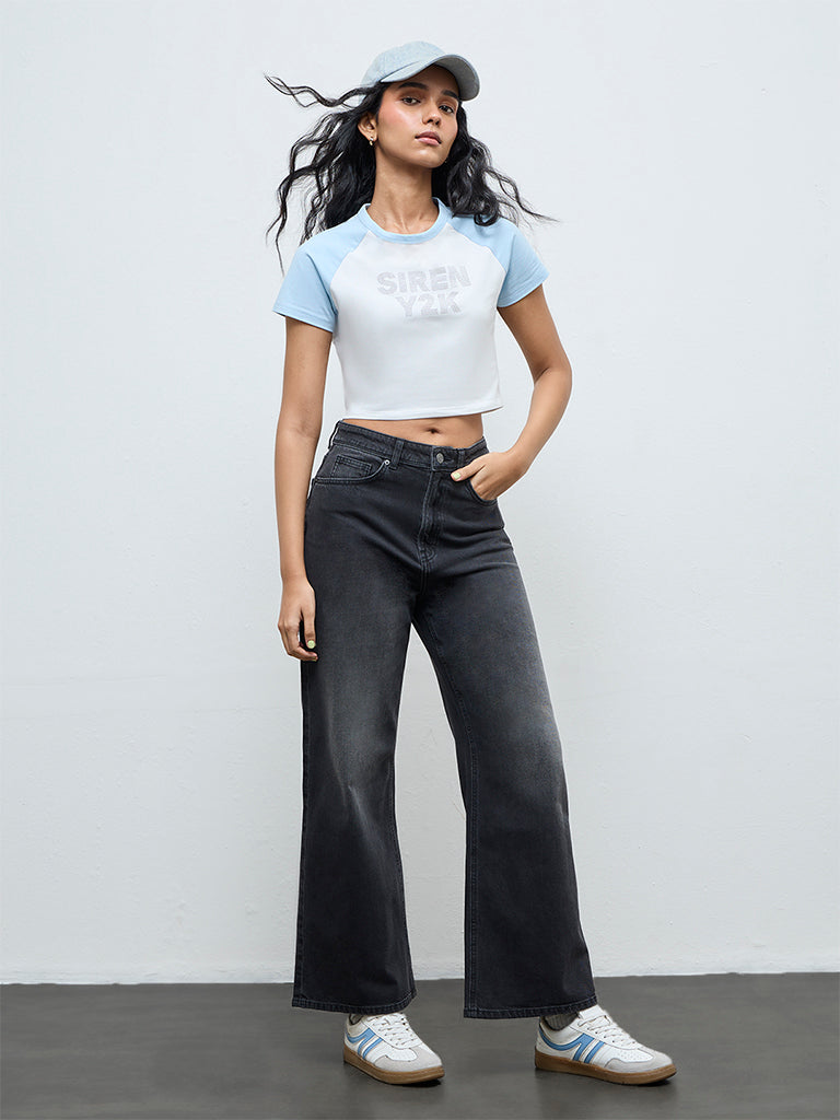 Nuon Light Blue Text Printed Cotton-Blend T-Shirt
