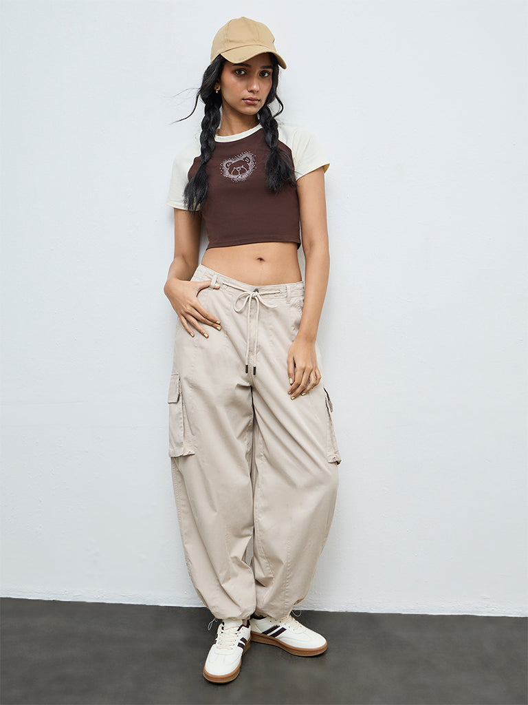 Nuon Brown Embellished Cotton-Blend T-Shirt