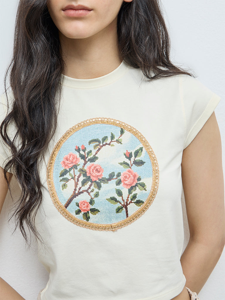 Nuon Cream Embroidered Cotton T-Shirt