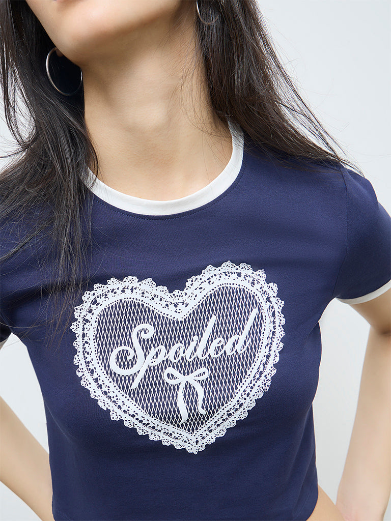Nuon Navy Heart Printed Cotton-Blend T-Shirt